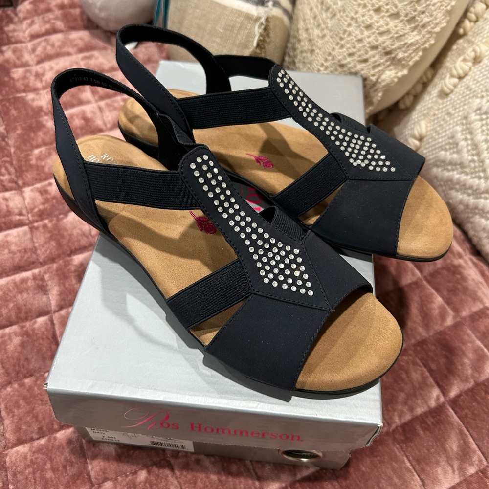 Ros Hommerson Black and Tan Sandals with Rhinestone Embellishments